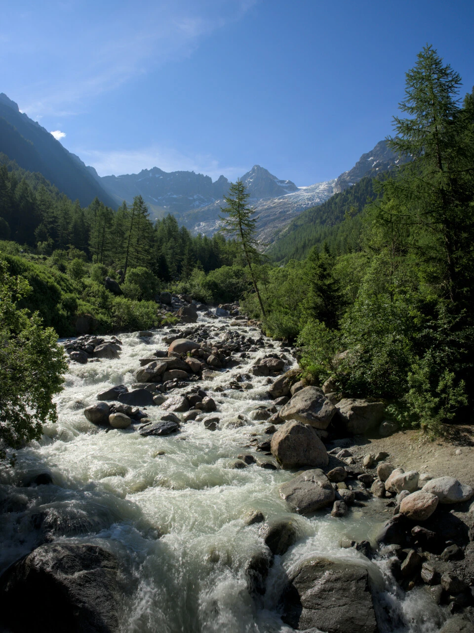 Gletscherbach im Val d'Arpette, das Wasser rauscht zwischen Felsblöcken